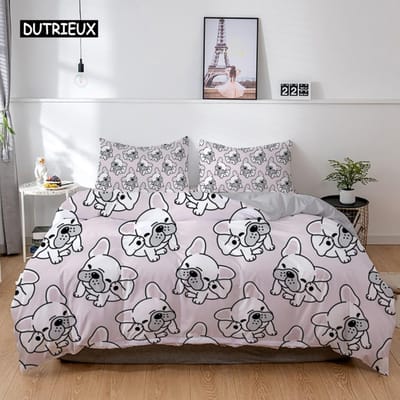 3D Honden Beddengoed Set Schattige Franse Bulldog Puppy Dekbedovertrek Sets Cartoon Bedovertrek Huisdieren Huis Textiel Queen 2/3 Stuks King Full AU Single(140x210cm)