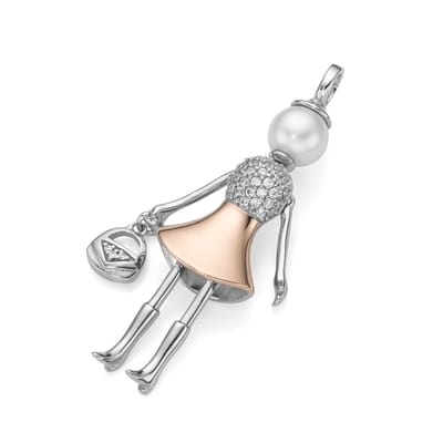 Giorgio Martello „Bella Giulia“ bewegend gerhodineerd zilver poppetje hanger met zirkonia bezette handtasje.