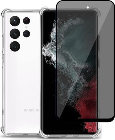 Extreme Shock Hoesje geschikt voor Samsung S22 Ultra + Privé Screenprotector – Privacy Tempered Glass - Case Transparant
