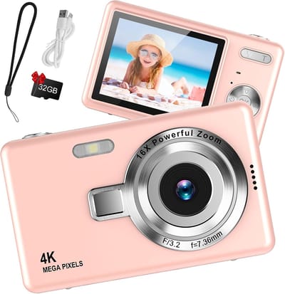 Camera - Digitale camera 1080p Full HD 44MP met 2,4 inch LCD-scherm - 16x digitale zoom - Compacte draagbare vlogcamera - Met 32 ​​GB SD-kaart - Voor kinderen - Tieners - Studenten en beginners (roze)