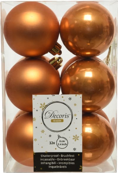 Decoris kerstballen - 12x st - cognac bruin - D6 cm - kunststof - mat/glans - kerstversiering