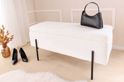 Moderne Kistbank LOFT 100cm witte Bouclé Bank met opbergruimte Gestoffeerd Zwart Metaal - 45728