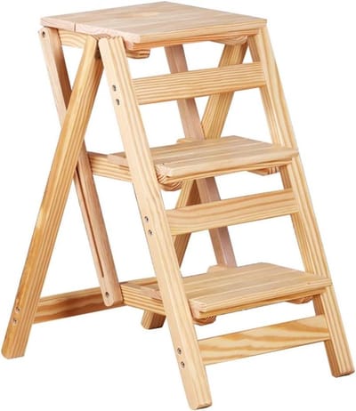Houten Opstapje - Krukje Ladder - Huishoudelijke Klusjes - Zelfnivellerend - 3 Treden - Houtkleur