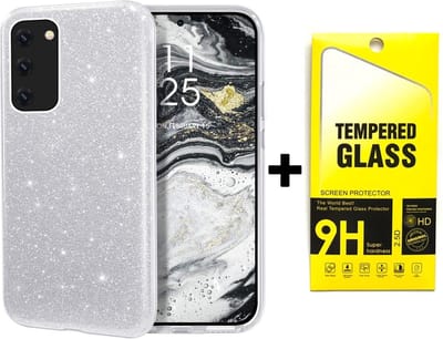 HB Hoesje Geschikt voor Samsung Galaxy A42 5G - Zilver - Glitter Back Cover + Tempered Glazen Screenprotector