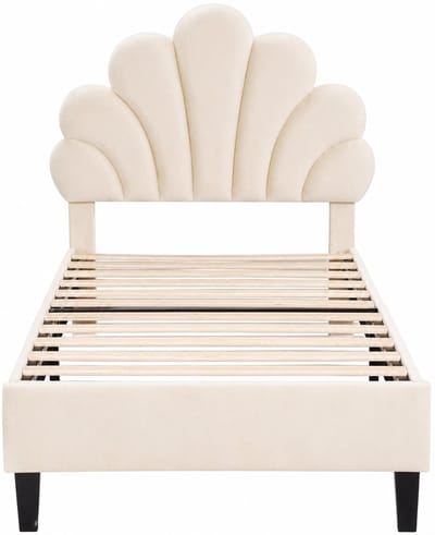 M-Goods - Eenpersoonsbed 90x200 - Fluwelen Bedframe met Bloem Hoofdbord - Kinderbed / Volwassenen - Lattenbodem Inclusief - Wit