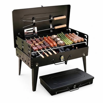 BSS® Inklapbare BBQ Koffergrill – Draagbare Houtskool Barbecue met Grillrooster – BBQ Gereedschap / Accessoires – Zwart