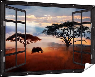 Gards Tuinposter Doorkijk Olifant in het Wild - Savanne - 180x120 cm - Tuindoek - Tuindecoratie - Wanddecoratie buiten - Tuinschilderij