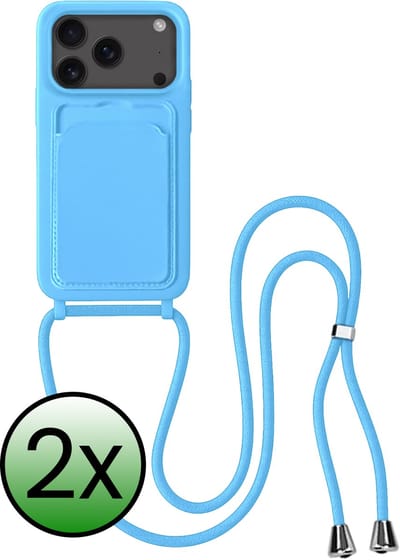 Hoes Geschikt voor iPhone 17 Pro / 18 Pro Hoesje Pas Houder Case Hoes Met Koord - Hoesje Geschikt voor iPhone 17 Pro / 18 Pro Hoes Met Telefoonkoord Pasjeshouder Cover - Lichtblauw - 2 Stuks