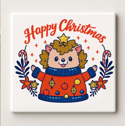 Happy Christmas Egel Tegel – 15x15 cm Schattige Feestelijke Keramische Wandtegel – Kerstcadeau voor Dierenliefhebbers & Winterdecoratie