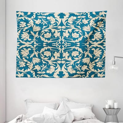 ABAKUHAUS Chinees wandtapijt, Oosterse antieke rol, woonkamer slaapkamer wanddoek zijdezacht satijn tapijt, 200 x 150 cm, Teal blauw en crèmekleurig