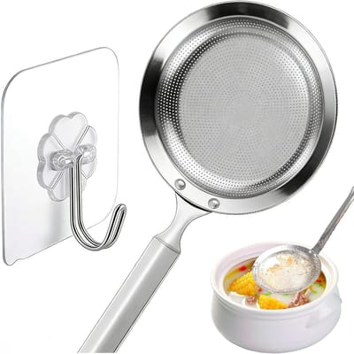 Roestvrijstalen geperforeerde lepel met sterke haak - Ideaal voor frituren, stomen en scheppen, diameter 9.5 cm