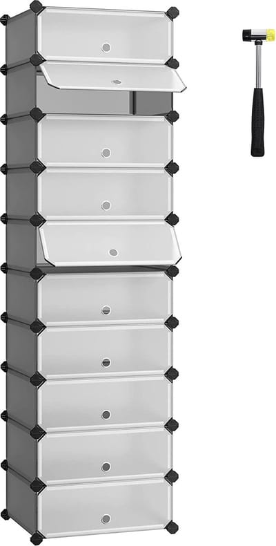 In elkaar grijpende schoenenrek, rechthoekige opbergorganisator, modulaire opbergplank met 10 sleuven, 40 x 30 x 17 cm voor elke sleuf, kunststof kast met deuren, grijs LPC010G01