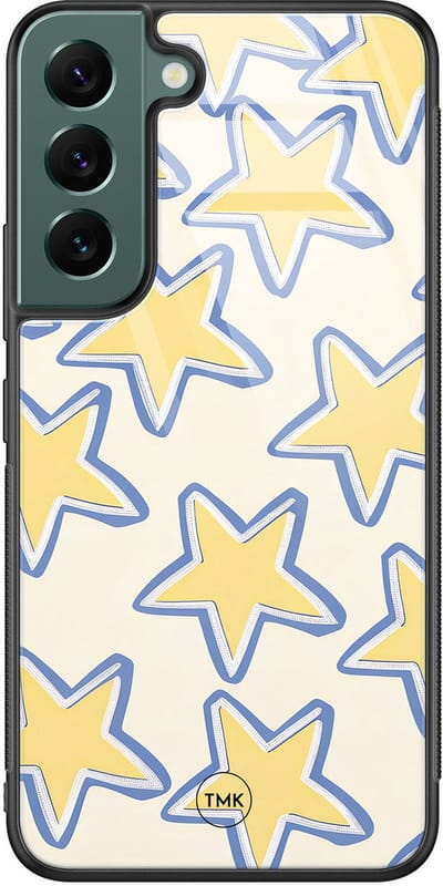 Hoesje geschikt voor Samsung Galaxy S22 - Retro stars - Blauw, Geel - TPU luxe case (glossy toplaag) - Print - Hardcase backcover zwart