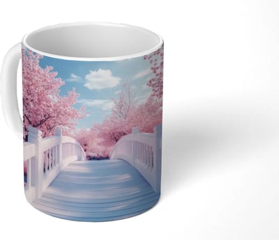 Mok - Koffiemok - Brug - Kersenbomen - Wit - Mokken - 350 ML - Beker - Koffiemokken - Theemok