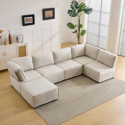 MODFU Modulaire Hoekbank - Flexibel Koppelbaar - Verstelbare Opstelling - Modern - Woonkamer - Hout En Beige