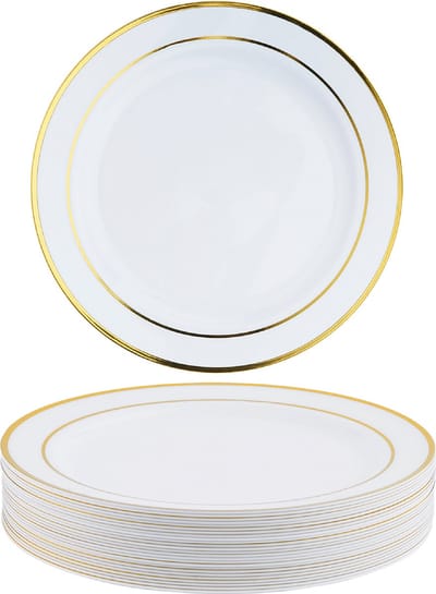 Matana – 25 Plastic Dessertbordjes, 19cm – Met Gouden Rand – Wit – Herbruikbaar & Stevig – Voor Bruiloften, Verjaardagen & Kerstmis
