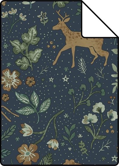 Proefstaal ESTAhome behang bos met bosdieren donkerblauw en beige - 53 cm x 10.05 m - 139588-S