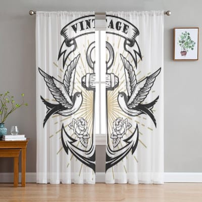Gordijnen van chiffon met zwaluw- en ankerprint in old school-stijl voor woonkamer, slaapkamer, keukendecoratie, raamvoiles, tule gordijn 135W x 114H(cm) white