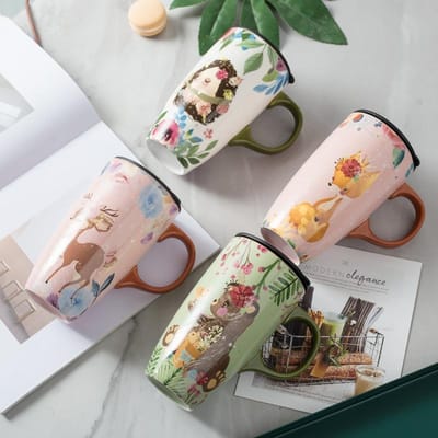 Alice Bos Thee Kop Beschilderd Grote Capaciteit Keramische Mok met Deksel Cartoon Drinkwater Beker Bos Serie 501-600ml gray