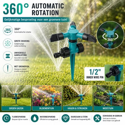 360° Tuinsproeier – Roterende Watersproeier met Grondpen – Automatische Tuin Sproeier – Grote Beregeningsdekking – Geschikt voor Gazon, Bloemen & Moestuin