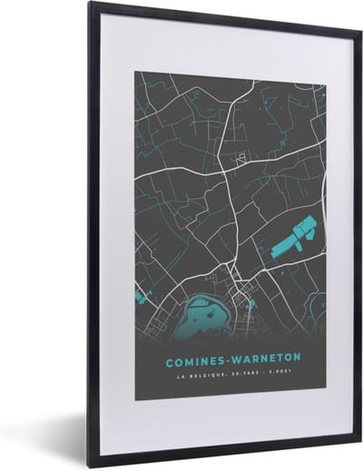 Fotolijst incl. Poster - Plattegrond – Comines Warneton – Blauw – Stadskaart - Kaart - 40x60 cm - Posterlijst