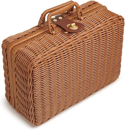 Opvouwbare Rieten Koffer voor Opslag, Handvat, Vintage Picknickdoos en Decoratie, Perfect voor Camping, Bruiloften en Fotografie (Donkerbruin)