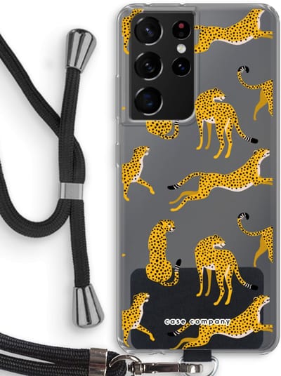 Case Company® - Hoesje met koord geschikt voor Samsung Galaxy S21 Ultra hoesje met Koord - Luipaard - Telefoonhoesje met Zwart Koord - Bescherming aan alle Kanten en Over de Schermrand