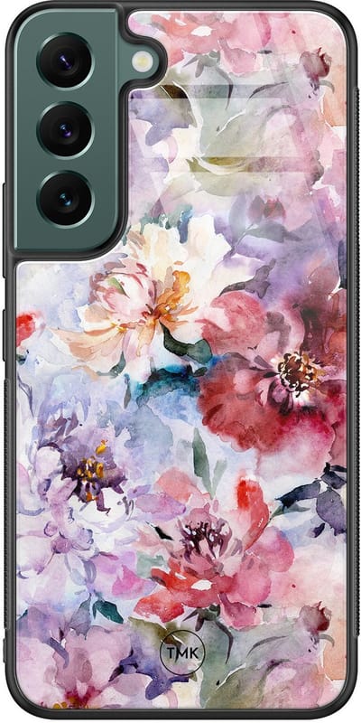 Hoesje geschikt voor Samsung Galaxy S22 - Bloemen acryl - Paars - TPU luxe case (glossy toplaag) - Bloemen - Hardcase backcover zwart