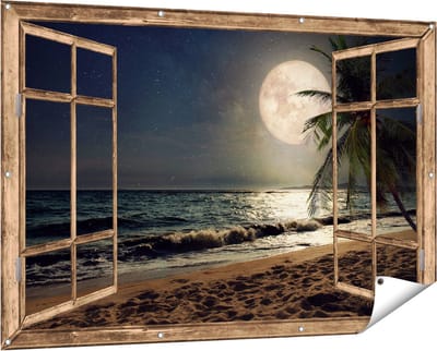 Gards Tuinposter Doorkijk Tropisch Strand in de Nacht met Volle Maan - 150x100 cm - Tuindoek - Tuindecoratie - Wanddecoratie buiten - Tuinschilderij