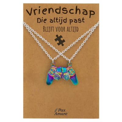 BFF Ketting voor 2 'Vriendschap die altijd past' - Magnetische Controller - Vriendschapsketting op Cadeau Kaartje - 45cm + 5cm verstelbaar - Zilverkleurig met Regenboog effect - Best Friends Hanger - Pax Amare