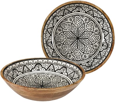 Home Deco Factory Salade serveer schaal - 2x - Fruitschaal/fruitmand - mango hout - D33 x H8 cm - bruin/print - Pure luxe