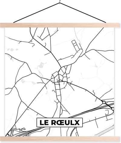 Posterhanger incl. Poster 40x40 cm - Schoolplaat - Plattegrond – Le Rœulx – Zwart Wit – Stadskaart - Kaart - België - Textielposter - Blanke latten - Stadskaart
