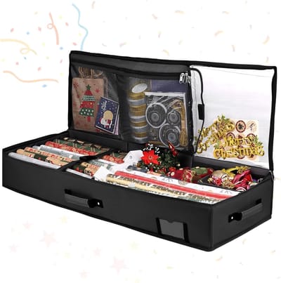 Cadeaupapierorganizer, 95 x 35 x 16 cm, opbergtas voor groot cadeaupapier, 600D Oxford, opbergtas, waterdicht, scheuren, decoratieve rollen, Kerstmis, opbergorganizer (zwart)