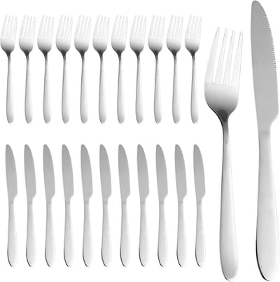 24-delige steakbestekset, roestvrij stalen bestekset voor 12 personen, messen en vorken, tafelmessen en vorken, hoogglans gepolijst en vaatwasmachinebestendig, bestekset voor thuis, feest, restaurant