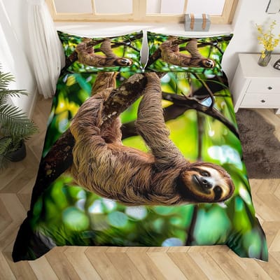 Schattige Luiaard Dekbedovertrek Waterverf Bloemen Beddengoed Set Lief Jungle Dier Dekbedovertrek Twin King Kawaii Luiaard Bedsprei Overtrek AU Queen(210*210cm)3pcs