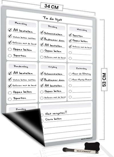 Brute Strength - Magnetisch Weekplanner whiteboard (4) - 53 x 34 cm - Planbord - Familieplanner - Gezinsplanner - To Do Planner