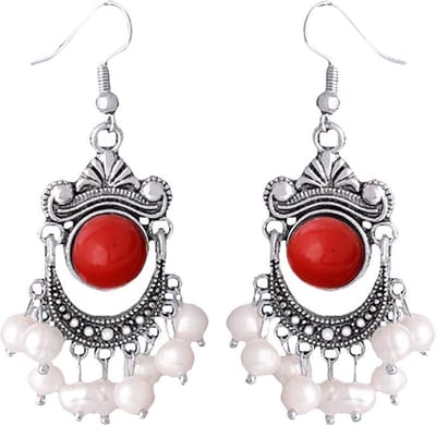 Zoetwater parel oorbellen Pearl Retro Red - oorhanger - echte parels - sterling zilver (925) - wit - rood - luxe sieraden zakje - parel oorbellen dames