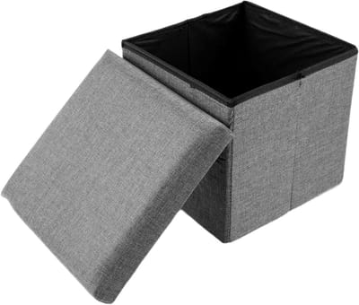 Opbergpoef Vierkant - Opbergkruk Poef - Ruimte Organiseren - Ademend Katoen Linnen - 30x30x30 cm - Grijs