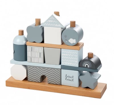 Label Label - Houten Blokken Set - Blauw - FSC Hout - 14 Blokken en Rekje - Stimuleert Fantasie en Hand-Oog Coördinatie - Geschikt voor Kindjes vanaf 18 Maanden