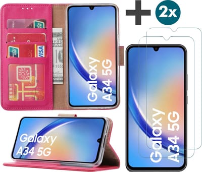 Samsung Galaxy A34 (5G) hoesje - bookcase met pasjeshouder + 2x Screenprotector tempered glass - Roze