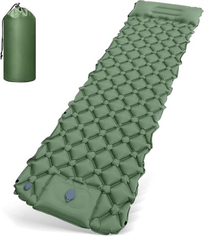 Thijox - Zelfopblazend Luchtmatras Camping - Ultralichte Isolatiemat met Kussen - Compacte Slaapmat voor Wandelen en Bikepacking - Groene Reis- en Kam