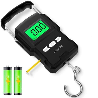 Draagbare elektronische visweegschaal, digitale visweegschaal met LCD-achtergrondverlichting, maximaal weegvermogen 75 kg, met haak en klok.