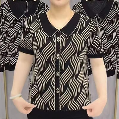 Middenleeftijd Moeders Lente en Zomer Nieuw Golvend Poppenkraag T-shirt voor Dames Koreaanse Stijl Los Los Buikbedekkend Veelzijdig Top 4XL zwart