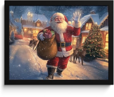 Poster in lijst - Fotolijst 40x30 cm - Posters - Kerstman - Dorp - Hert - Donker - Posterlijst zwart - Decoratie - Wanddecoratie woonkamer - Muurdecoratie slaapkamer - Kerstversiering - Kerstdecoratie voor binnen - Kerstmis
