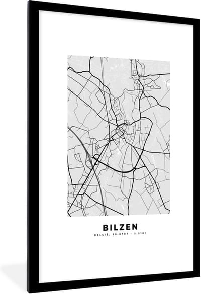 Fotolijst incl. Poster Zwart Wit- Zwart Wit – België – Plattegrond – Stadskaart – Kaart – Bilzen - 80x120 cm - Posterlijst