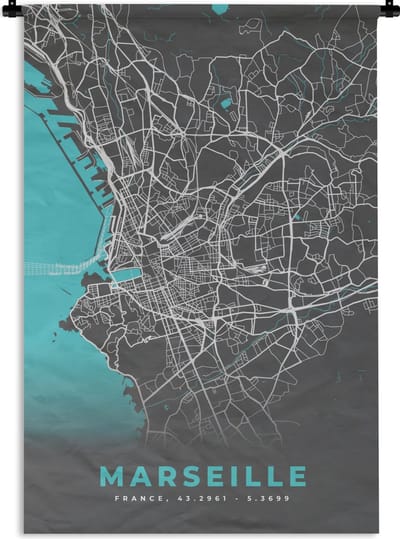 Wandkleed - Wanddoek - Marseille - Frankrijk - Plattegrond - Stadskaart - Kaart - 120x180 cm - Wandtapijt