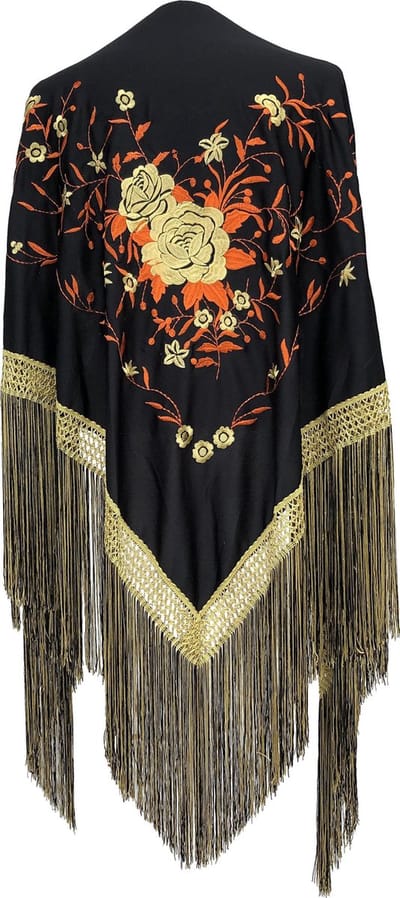 Spaanse manton - omslagdoek - zwart oranje goud bij verkleedkleding of flamenco jurk