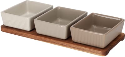 JENS Living Triple Tapas Set Boet – Keramische Dipschaaltjes met Acaciahouten Serveerschaal
