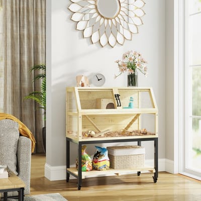 Kooi Met Dubbele Verdieping – 87 x 43 x 101 cm – Hout – Naturel – Met Opbergrek Wielen Hellingbanen En Accessoires