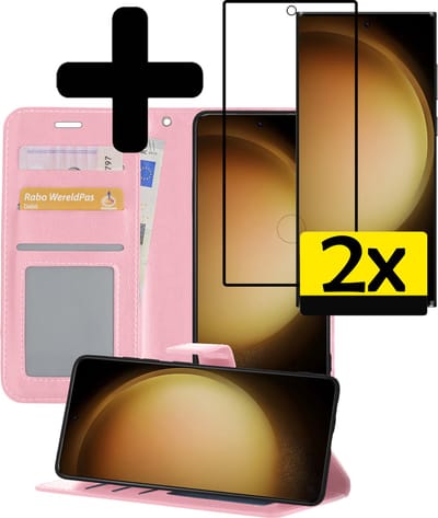Hoesje - Met 2x Screenprotector - Geschikt voor Samsung Galaxy S23 Ultra - Luxe Pasjeshouder - Bookcase Portemonee - Flip Case - Kunstleer Book Case - Flipcase Hoes - Book Cover - Walletcase - Portemonneehoes - Telefoonhoesjes - Lichtroze